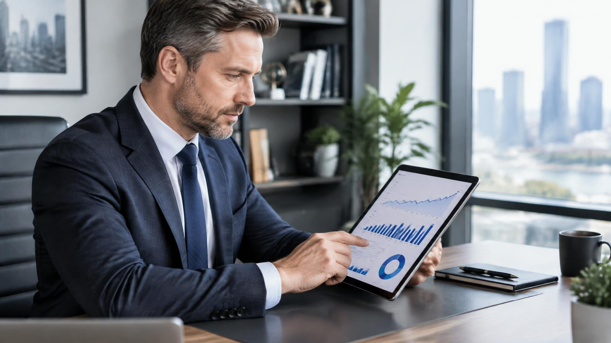 Businessman analyzing growth charts on a tablet