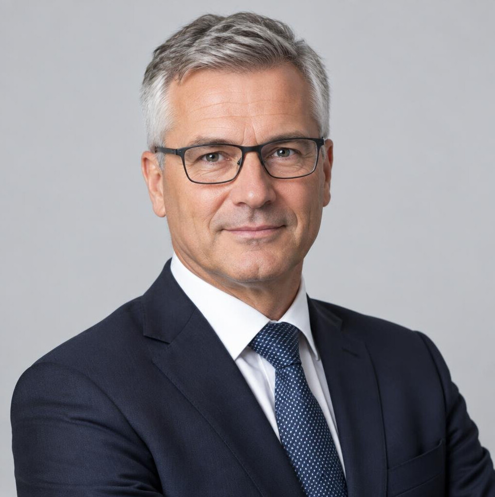 Studio portrait of a businessman in his 50s with grey hair