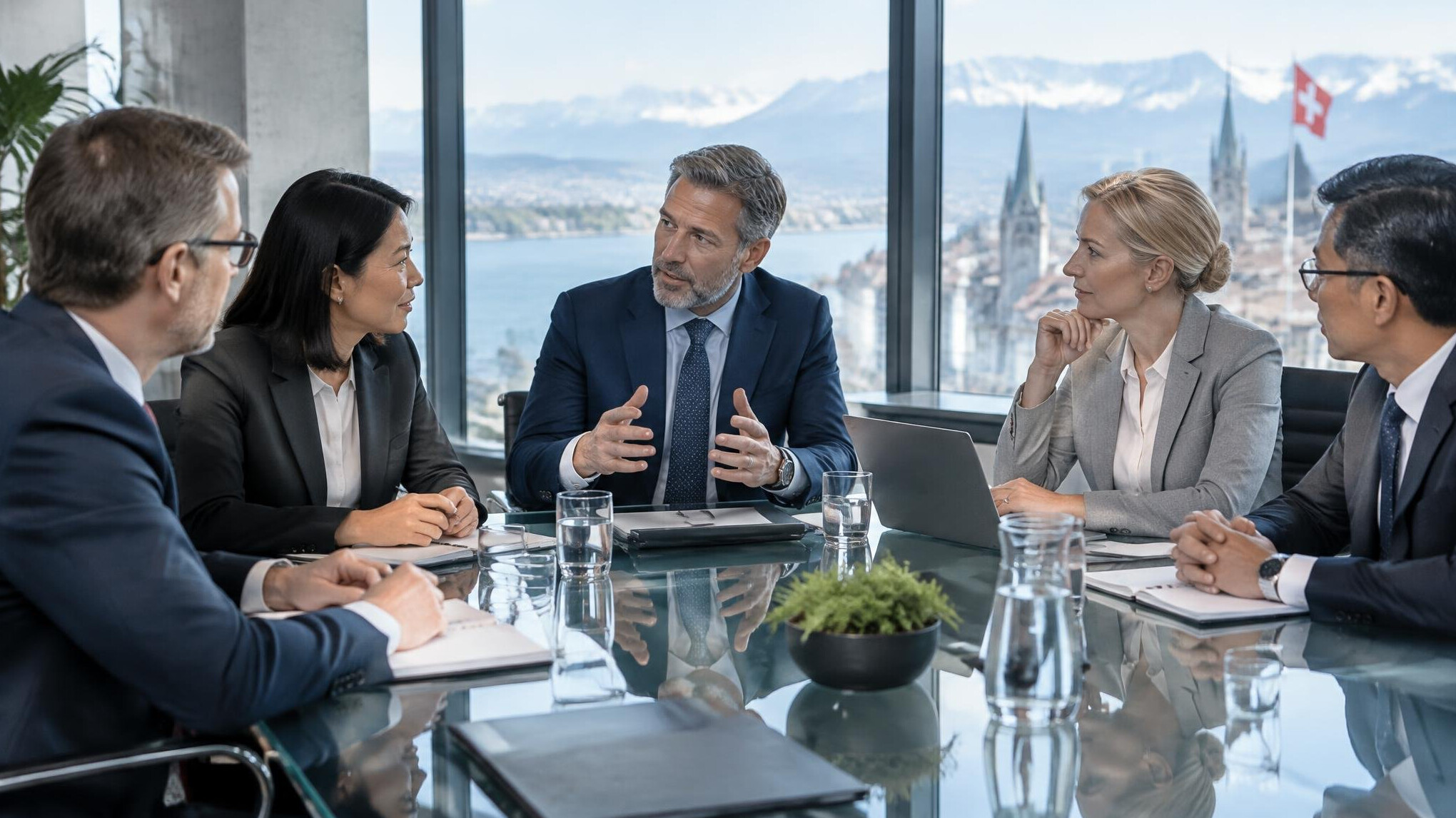 Business leaders in a strategy meeting in a modern boardroom