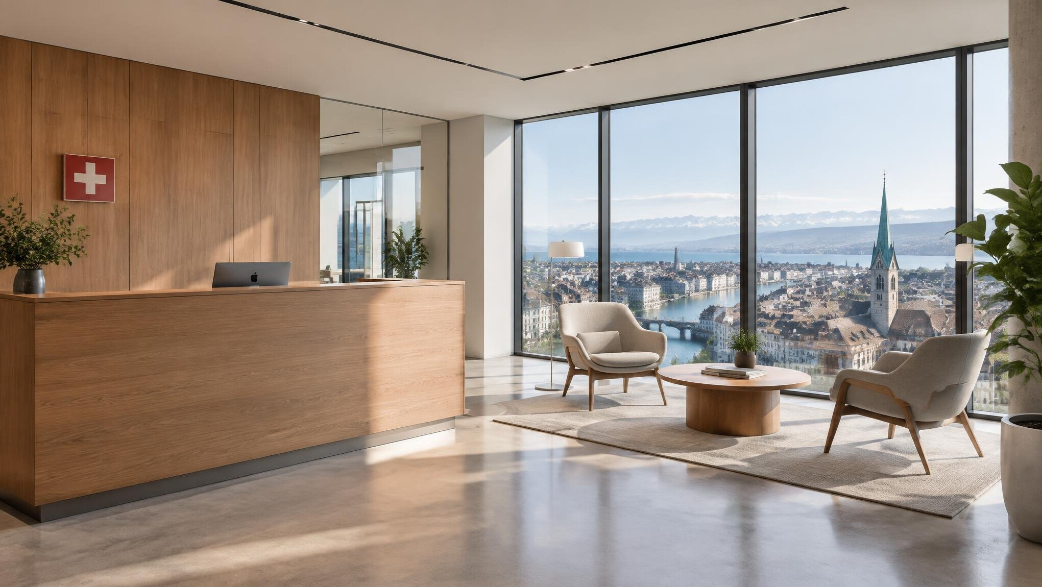 Modern office reception area with seating