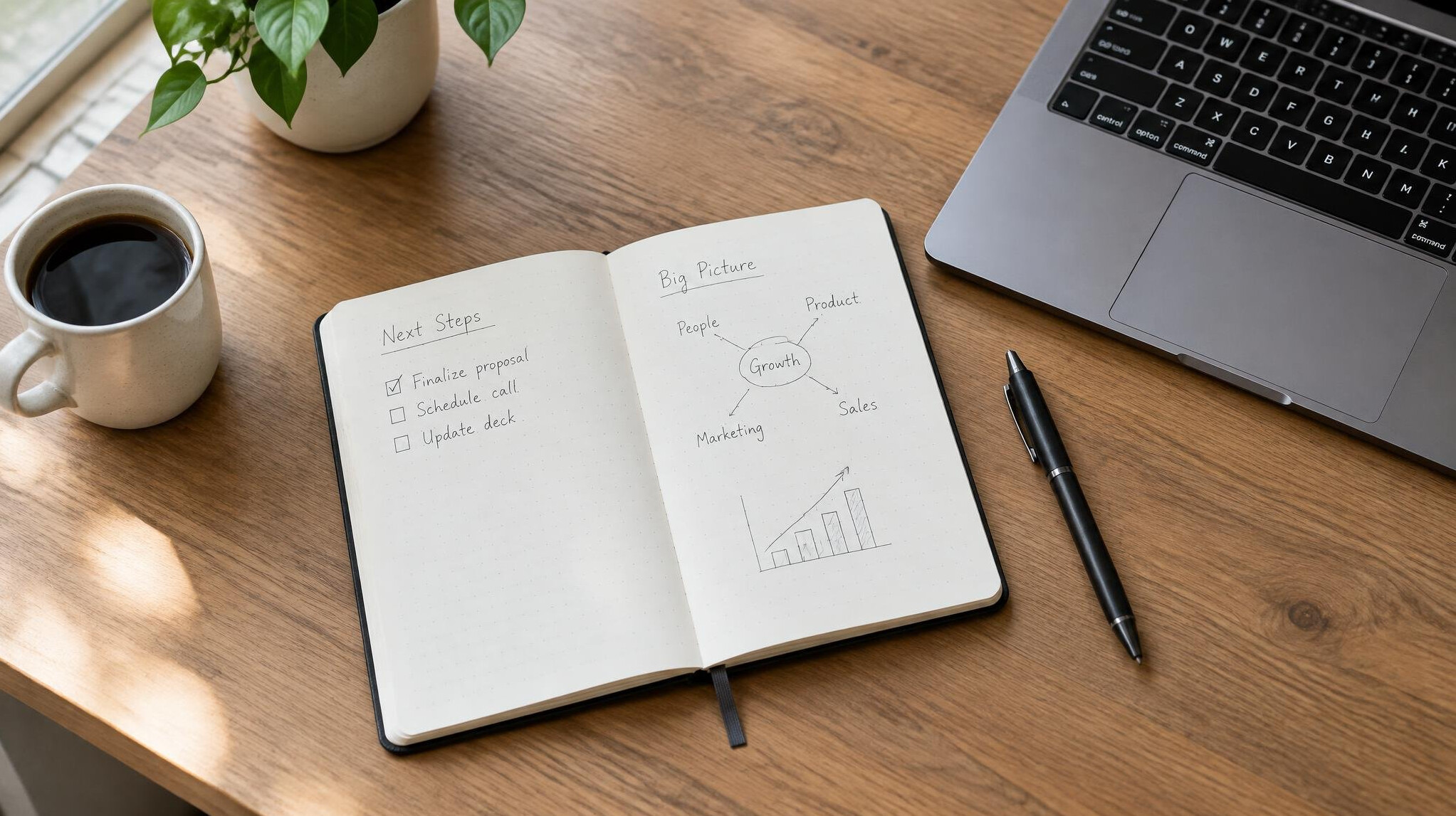 Open notebook and pen on a desk with a laptop