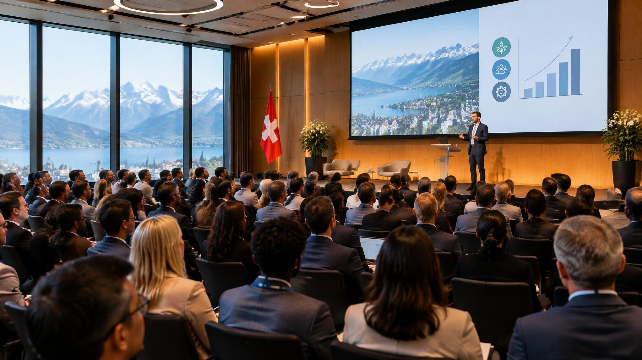 Panoramic view of a modern conference room during a presentation
